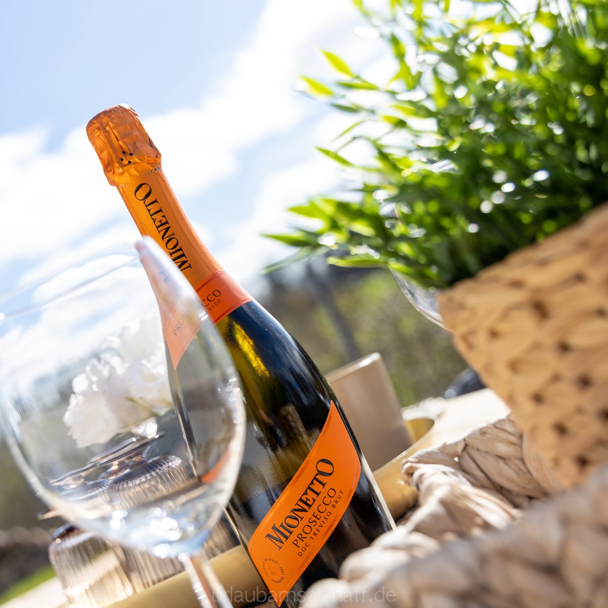 Prosecco und Gläser auf dem gedeckten Terrassentisch in der Sonne
