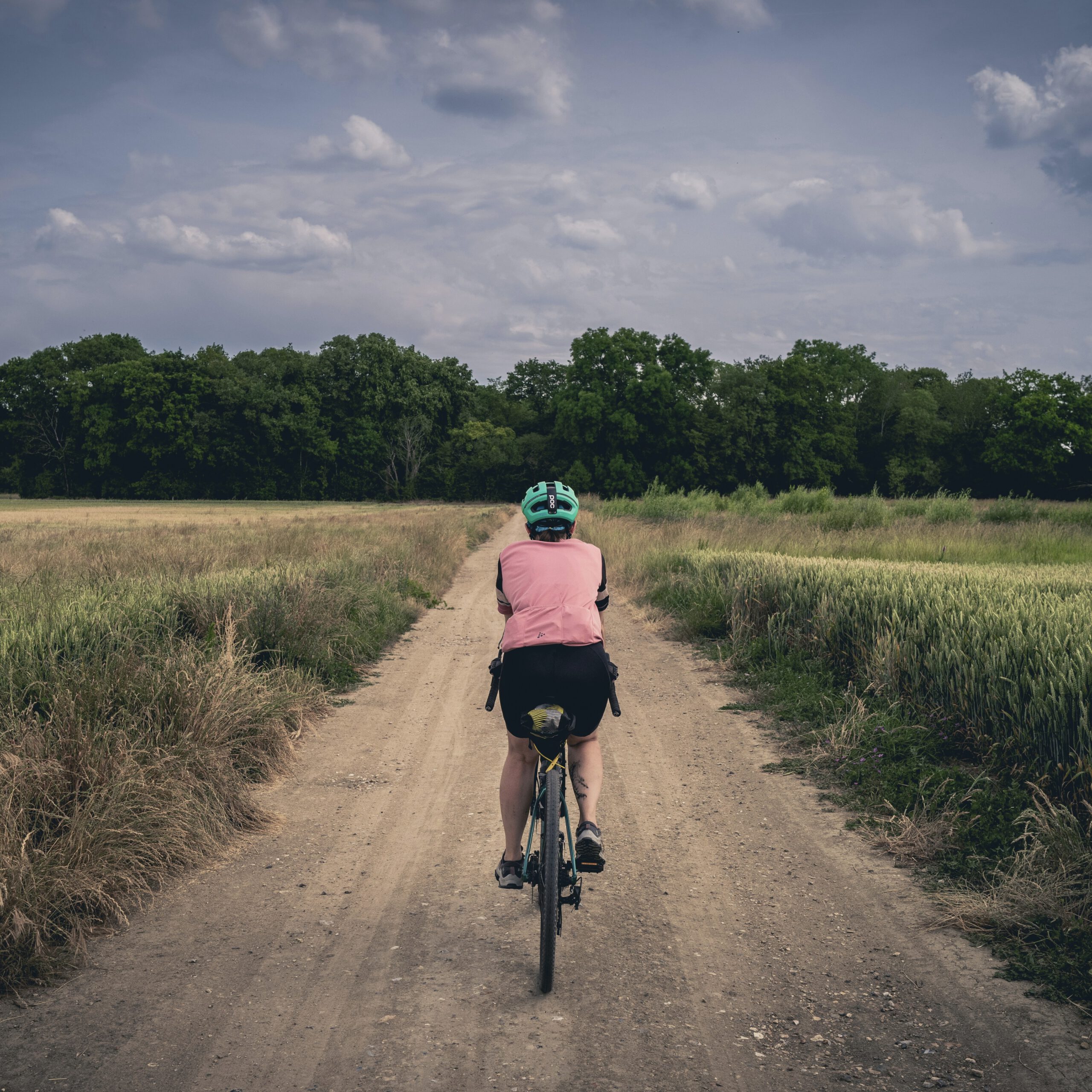Radfahrerin auf einem Feldweg, umgeben von Natur