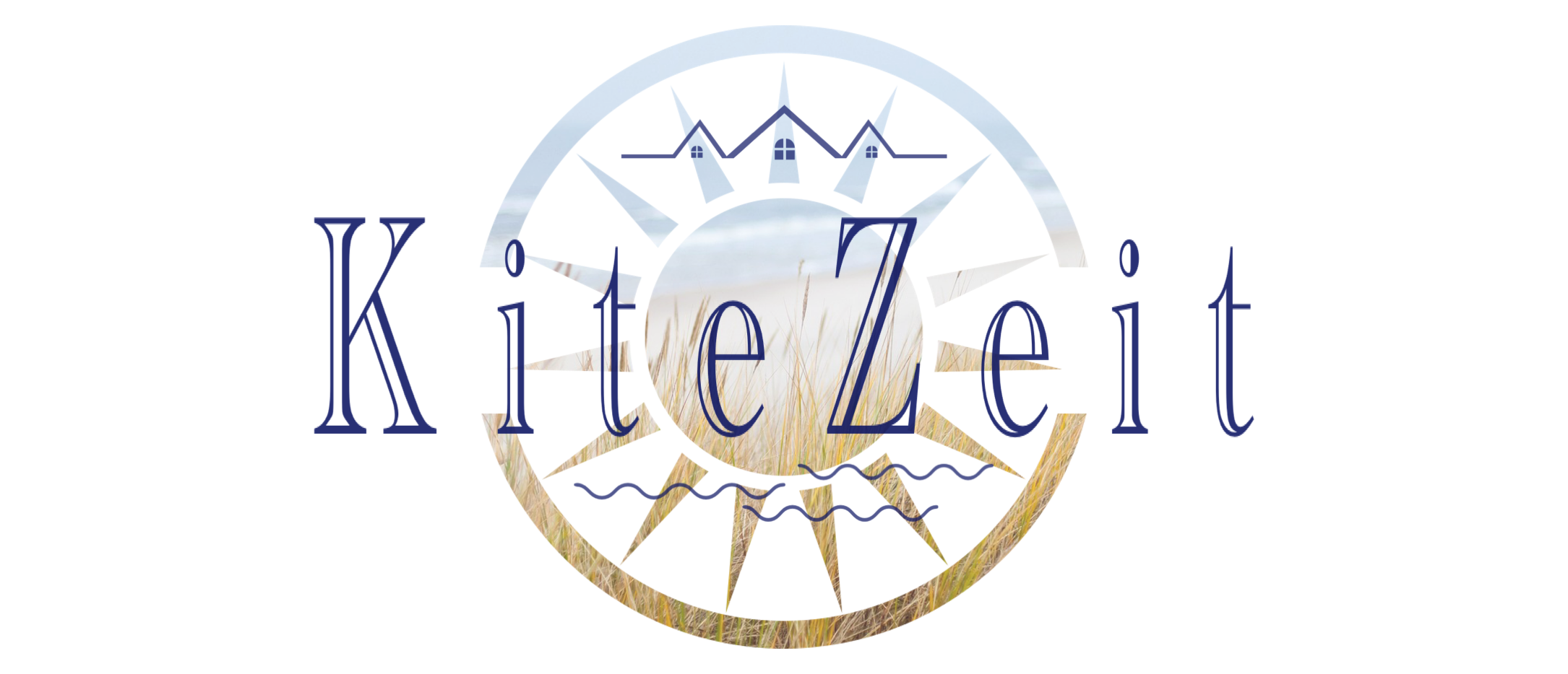 Logo des Ferienhauses 'KiteZeit' mit stilvollen maritimen Elementen, die Freiheit und Leichtigkeit ausstrahlen.